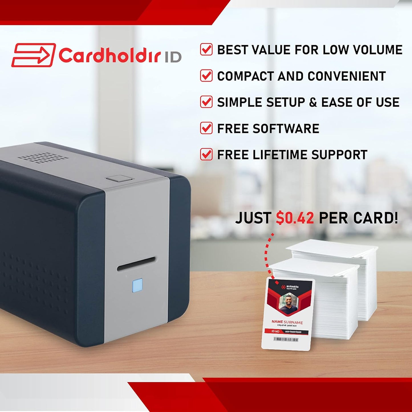 Easy Badges Solid 210 ID Badge Printer | with Beginner Software, & Everything Needed to Design and Print 200 ID Cards, | Single Sided Employee & Student ID Card Printer