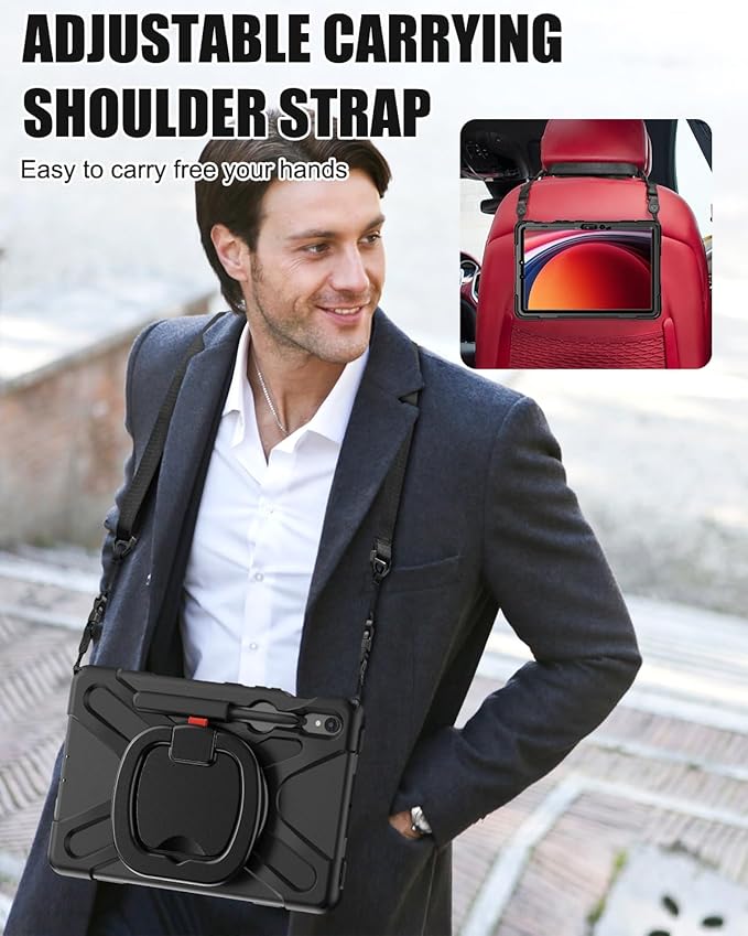 BRAECN Rugged Case for Samsung Galaxy Tab S10 Lite/S10 FE/S9 FE 10.9" & S9/S8/S7 11" SM-X400/X520/X510/X710 | Heavy Duty Shockproof Silicone Cover with Kickstand, Shoulder Strap & S Pen Holder, Black