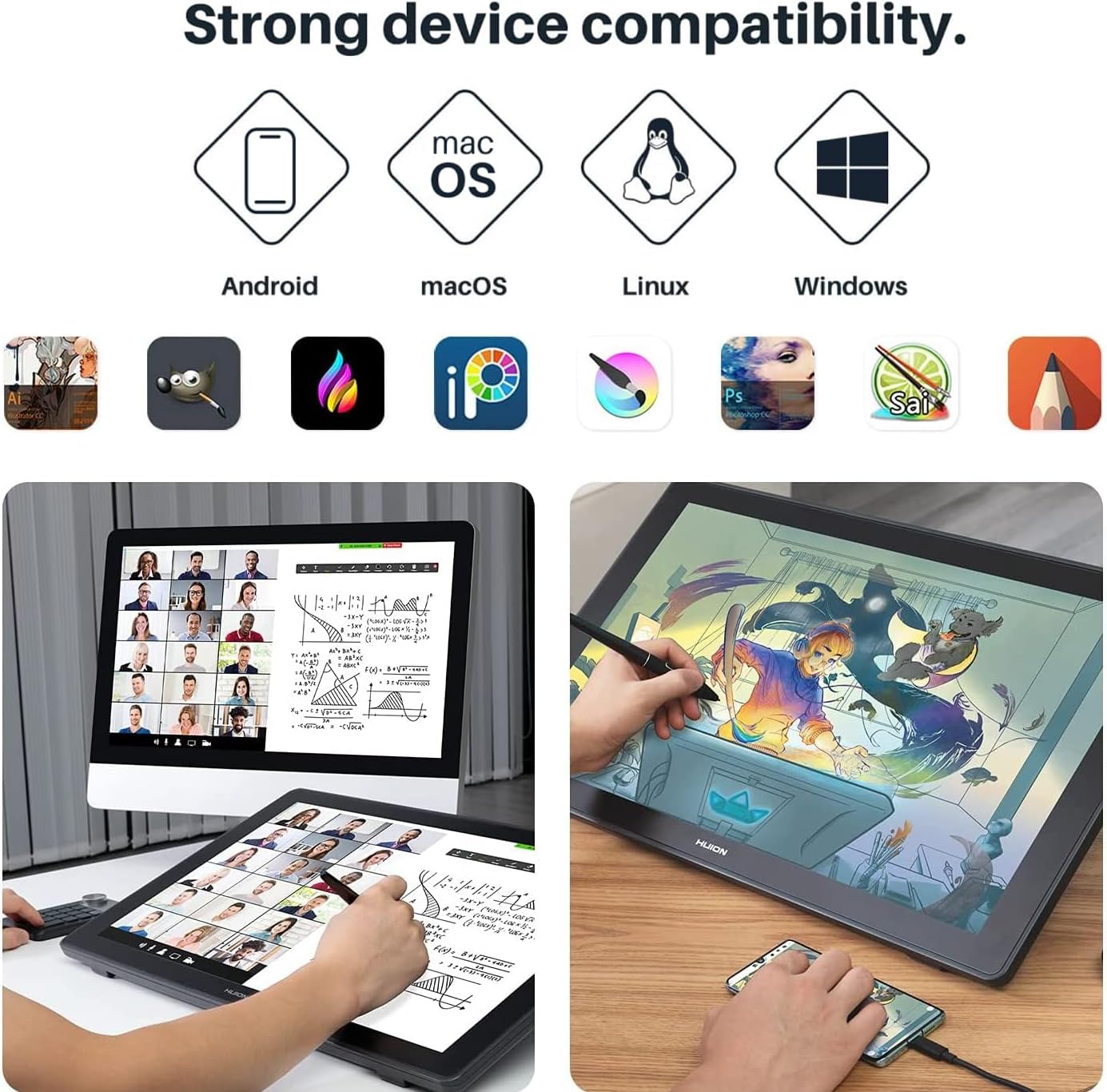 HUION Kamvas 24 QHD Drawing Tablet with Screen, 2.5K Graphics Art Tablet, 23.8inch Drawing Monitor USB-C Connection for Artist, Work with Mac, Windows, Linux, Android