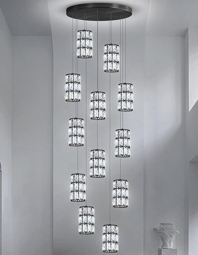 12-Lights Modern Crystal LED Dimmable for Staircase Foyer High Ceiling Chandeliers Hallway Black