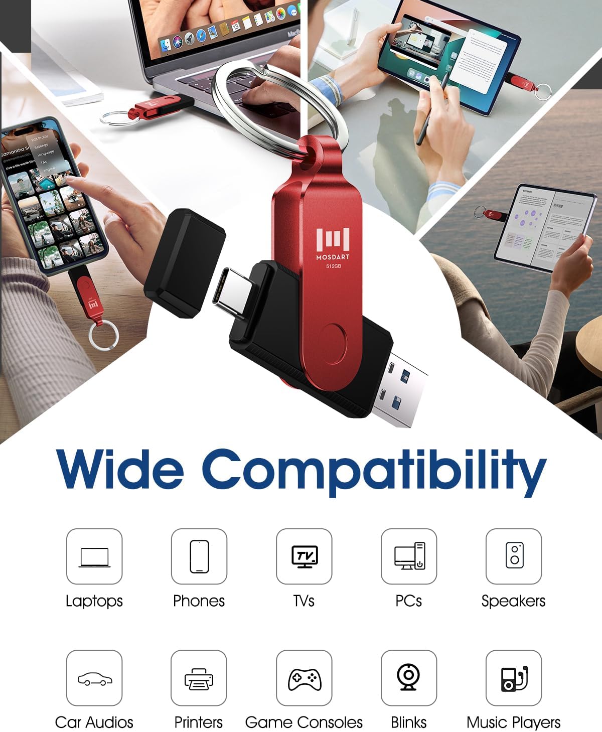 MOSDART 512GB USB3.1 Fast Speed C and A Dual Flash Drive, exFAT Memory Stick with Keychain and LED Indicator, for iPhone 15 and 16, Android Phone, iPad, MacBook, and Other Laptops, Red