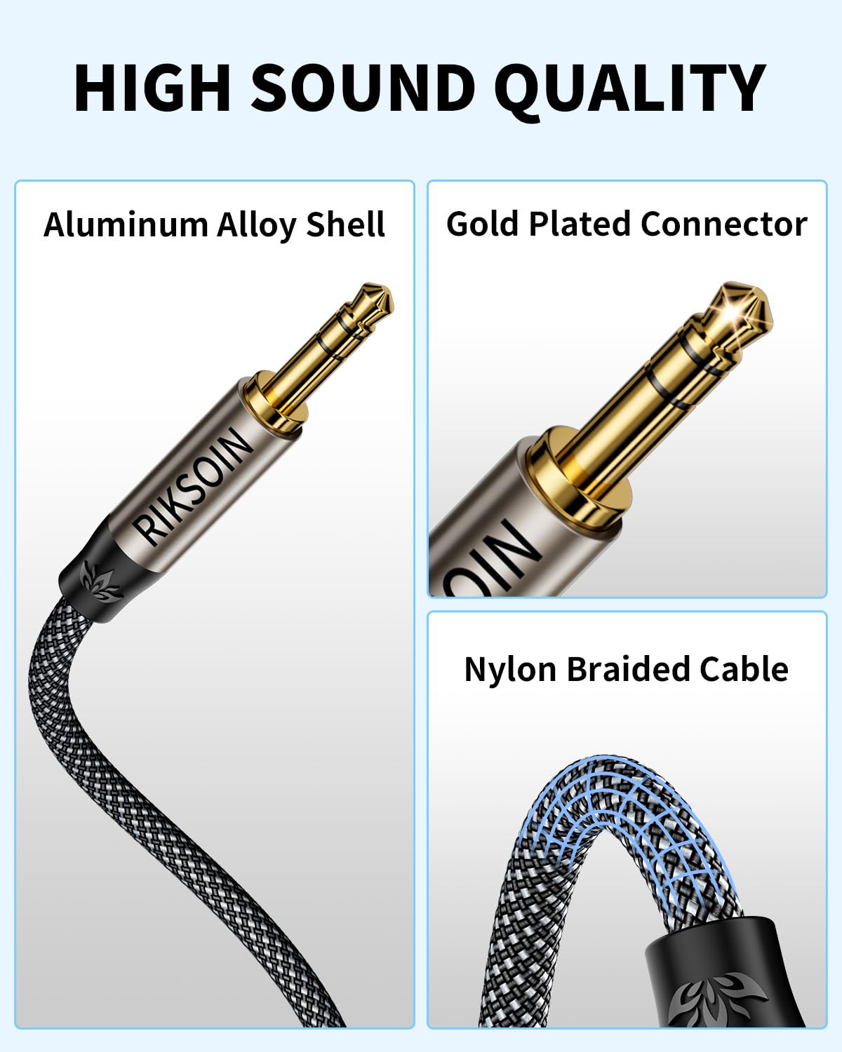 3.5mm Nylon Braided Aux Cable, Silver-Plated Wire Core Male to Male Cord for Headphones Car Home Stereos Speaker Compatible with iPhone iPad iPod Echo More-10FT