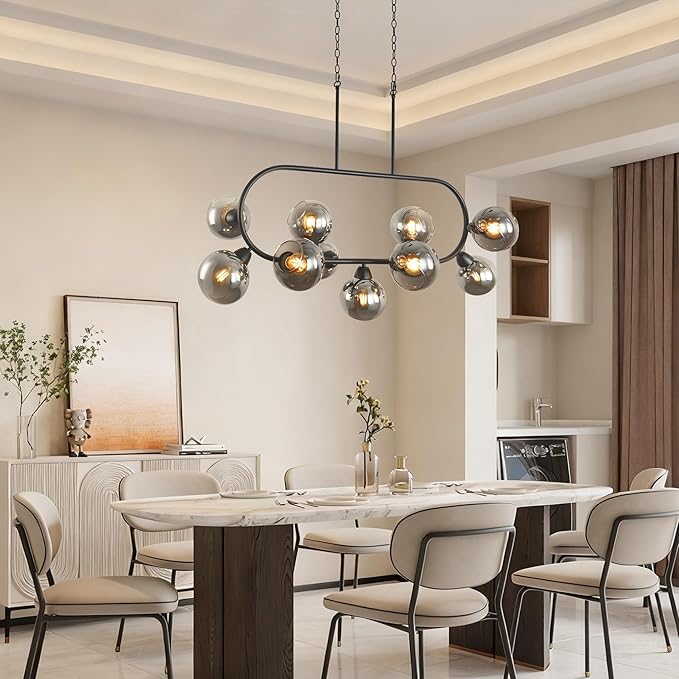Black Chandelier for Dining Room Linear Island Lights for Kitchen 45'' Modern Large 11-Light Rectangular Chandeliers Over Island Farmhouse Glass Dining Room Pendant Light with Grey Glass Globe Shade