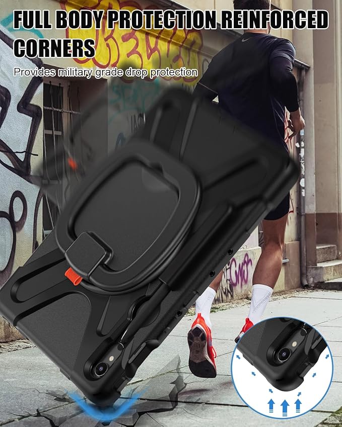 BRAECN Rugged Case for Samsung Galaxy Tab S10 Lite/S10 FE/S9 FE 10.9" & S9/S8/S7 11" SM-X400/X520/X510/X710 | Heavy Duty Shockproof Silicone Cover with Kickstand, Shoulder Strap & S Pen Holder, Black