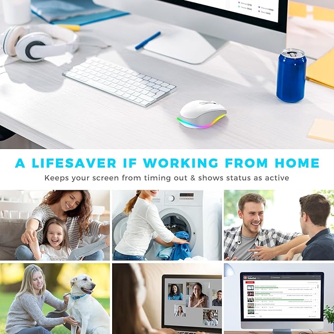 PEIOUS Wireless Mouse Jiggler - LED Wireless Mice with Build-in Mouse Mover, Rechargeable Moving Mouse for Laptop with Undetectable Random Movement Keeps Computers Awake - White & Grey