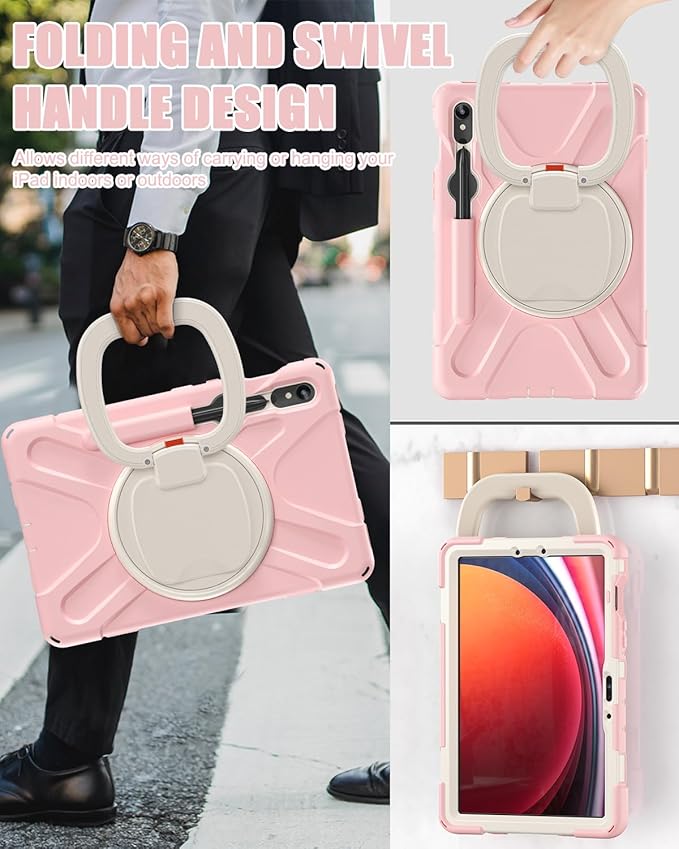 BRAECN Case for Samsung Galaxy Tab S10 Lite/S10 FE 2025 & S9 FE/S9 2023 & S8/S7 10.9"/11" | Heavy Duty Silicone Cover with Handle Grip, Kickstand, Shoulder Strap & S Pen Holder, Sakura Pink