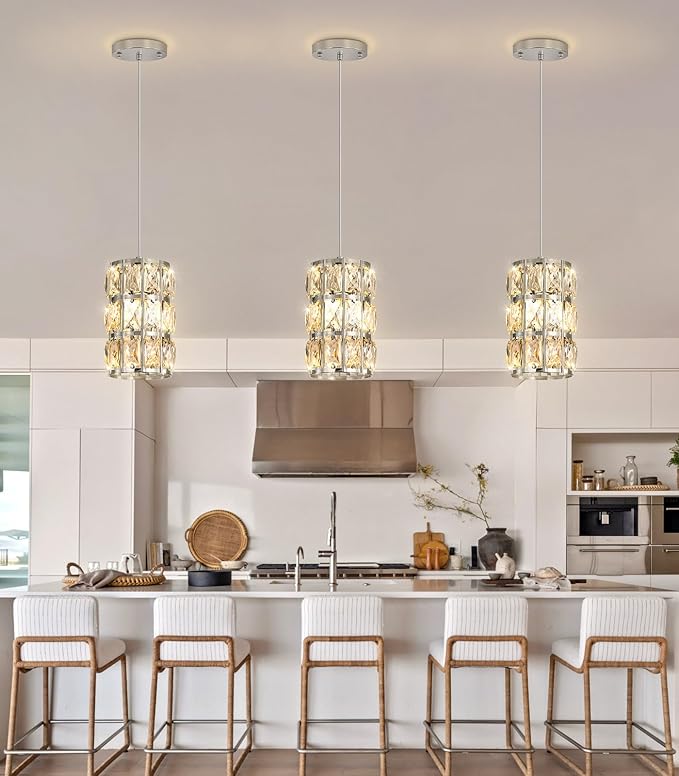 3 Pack Modern Crystal Pendant Lights for Kitchen Island LED Dimmable Glam Pendant Lighting Chandelier for Dining Room Hallway Corner Lamp Nickel