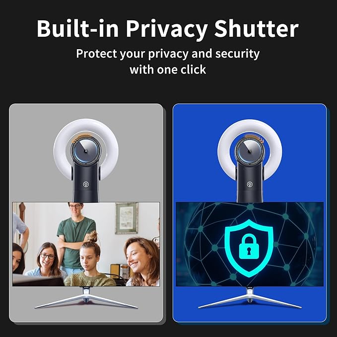 4K Webcam with Light, Web Cam with Speaker, Dual Noise Reduction Plug and Play, Web Camera for Desktop Computer, Auto-Focus, Privacy Protection, Webcam for PC Zoom Skype