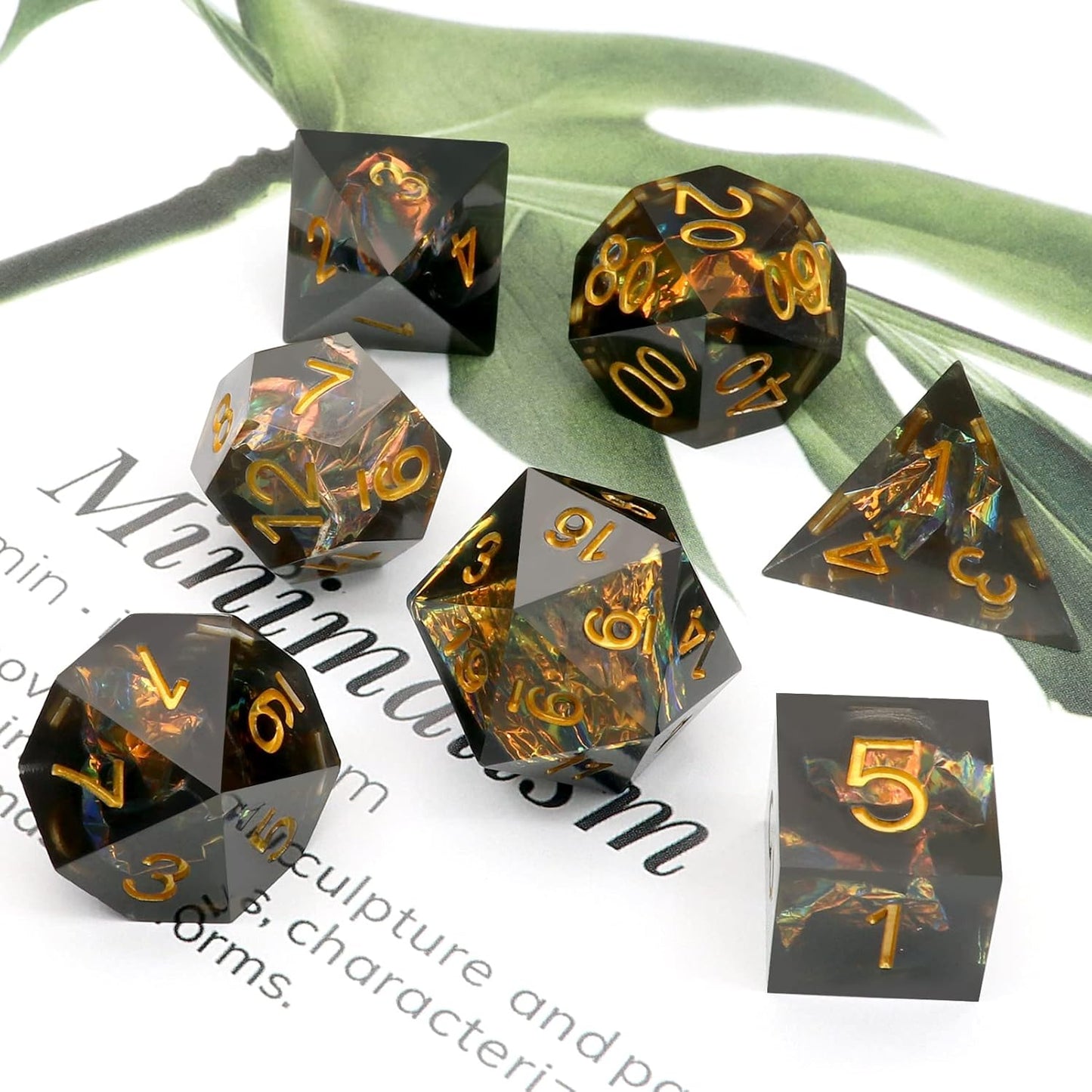 Haxtec Sharp Edge Dice Set DND Dice Black Resin Dice Iridecent Mylar Galaxy D&D Dice for RPG Role Playing Compatible with Dungeons and Dragons Gift