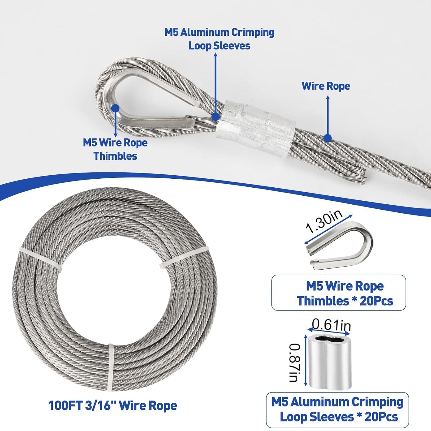 TooTaci 3/16" Stainless Steel Cable, 100ft Wire Rope with Aluminum Crimping Sleeve&Thimbles, 7x19 Strands, 3700lbs Breaking Strength Heavy Duty Aircraft Cable for Zipline, Deck Railing, Shade Sail