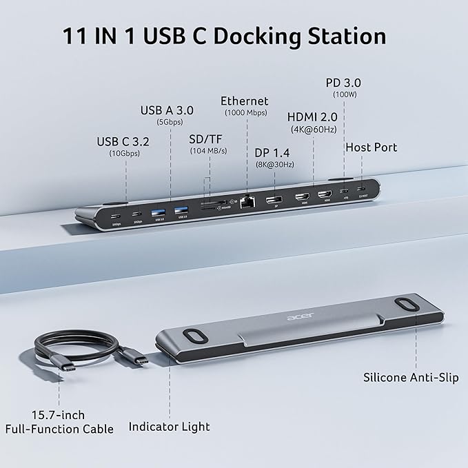 Acer Laptop Docking Station Stand, 11-in-1 USB C Docking Station 3 Monitors with Dual HDMI 4K@60Hz+DP 8K, Ethernet, 10Gbps Data, 100W PD, SD/TF, USB C Dock with Detachable Cable for Acer/Dell/Mac/HP