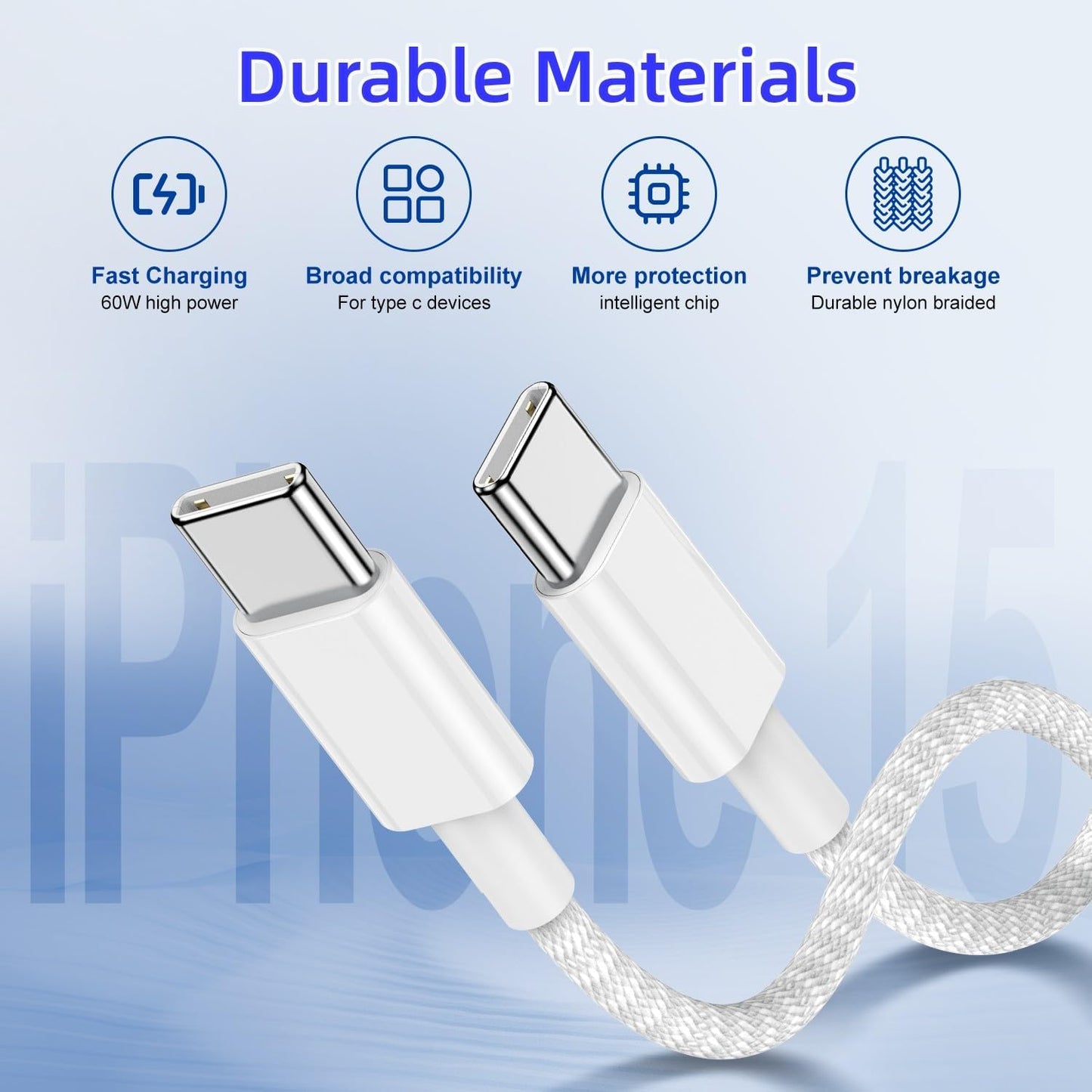 2-Pack Grey 10FT 60W USB C to USB C Cable, Type C to Type C Cable,Fast Charging Cable for iPhone 16 15 Pro Plus Pro Max，for Galaxy S24 S23, for iPad Pro/Air, for MacBook Pro/Air and More