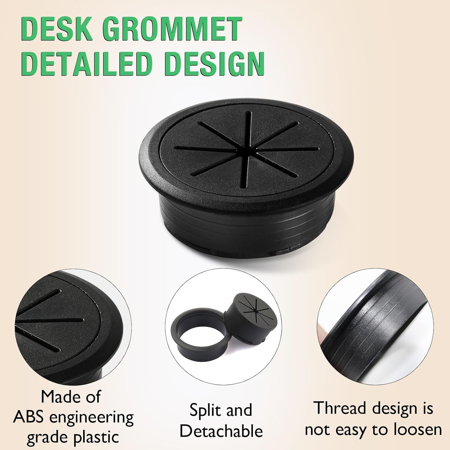 2 Pcs Desk Grommet 2-3/8" / 60 mm, Desk Hole Cover for Cables White, Cable Grommet ABS Plastic, Desk Hole Grommet for Home & Office Pc, Detachable Cable Cord Organizer