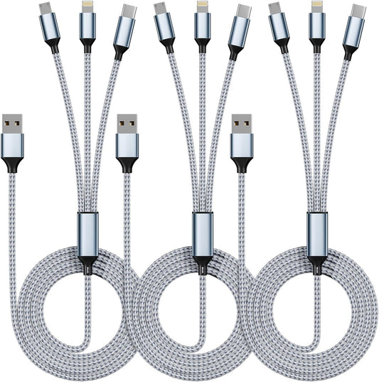 IDISON Multi Charging Cable(3Pack 4FT), 3 in 1 Charging Cable Nylon Braided Multiple USB Cable Universal Charging Cord with Type-C, Micro USB and IP Port for Cell Phones and More