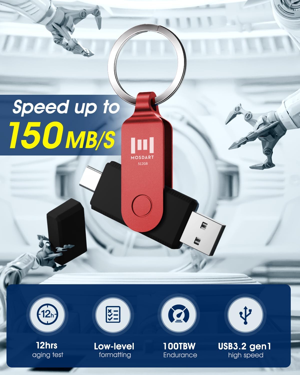 MOSDART 512GB USB3.1 Fast Speed C and A Dual Flash Drive, exFAT Memory Stick with Keychain and LED Indicator, for iPhone 15 and 16, Android Phone, iPad, MacBook, and Other Laptops, Red
