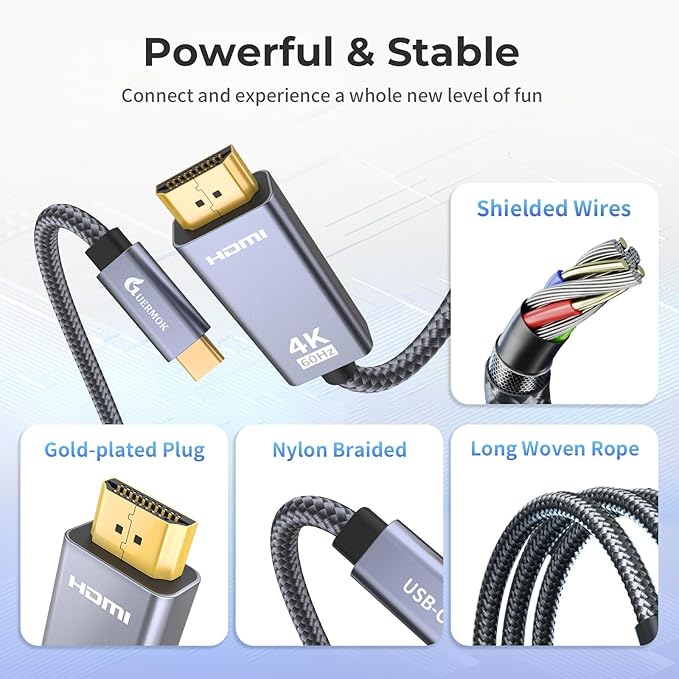 Guermok USB-C to HDMI Cable 4K@60Hz, 6.56ft, Compatible with USB-C Laptops and Tablets, Supports HDMI Capture Devices, Plug & Play, Works with Thunderbolt 3 & 4 Ports