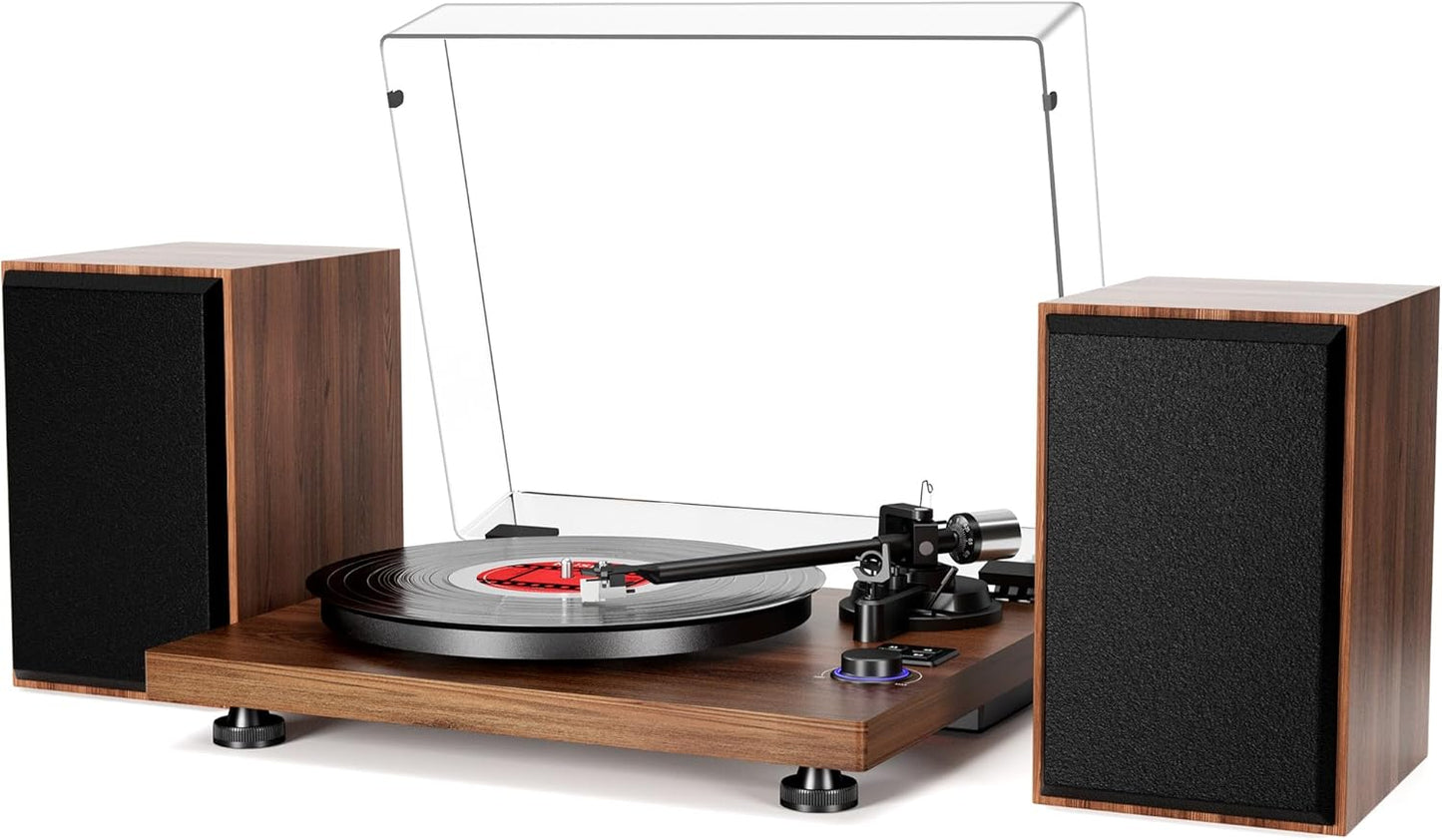 Bluetooth Turntable HiFi System with 36 Watt Bookshelf Speakers, Patend Designed Vinyl Record Player with Magnetic Cartridge, Bluetooth Playback and Auto Off