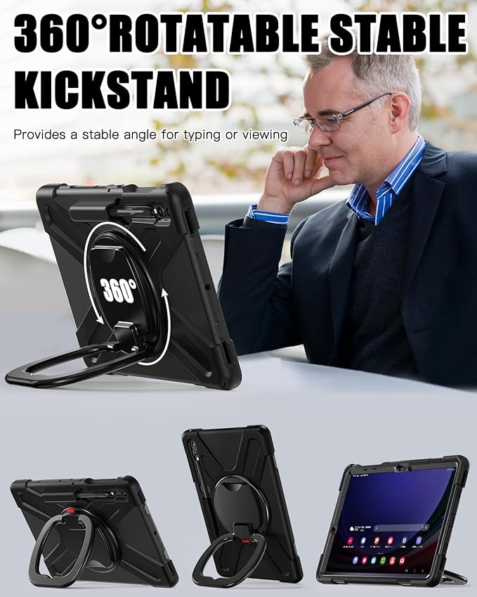 BRAECN Galaxy Tab S9+/S8+/S7+ Case, Heavy Duty Silicone with S Pen Holder, Stable Kickstand/Handle, Shoulder Strap for Samsung Tab S9 Plus 2023-Black