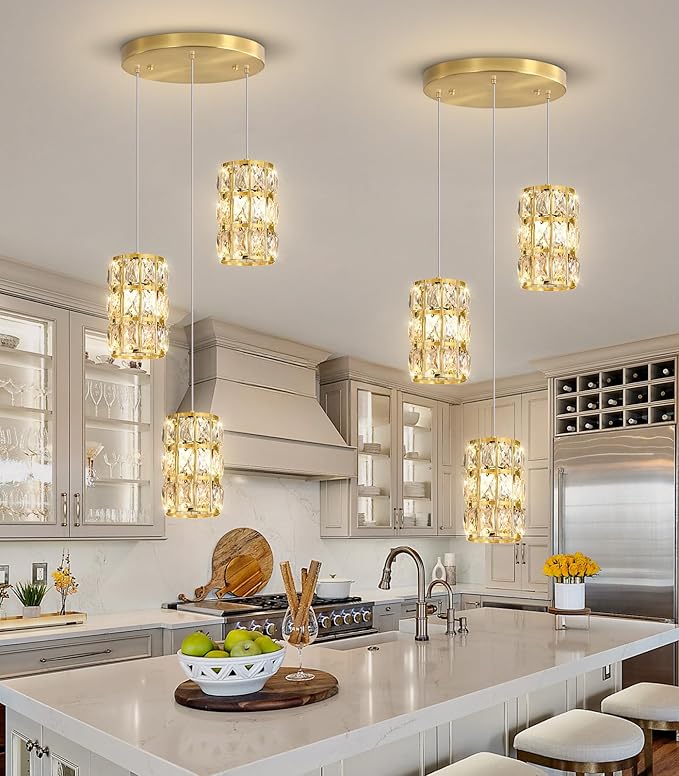 3-Lights Modern Crystal Pendant Lights for Kitchen Island LED Dimmable Glam Pendant Lighting Chandelier for Dining Room Hallway Corner Lamp Gold