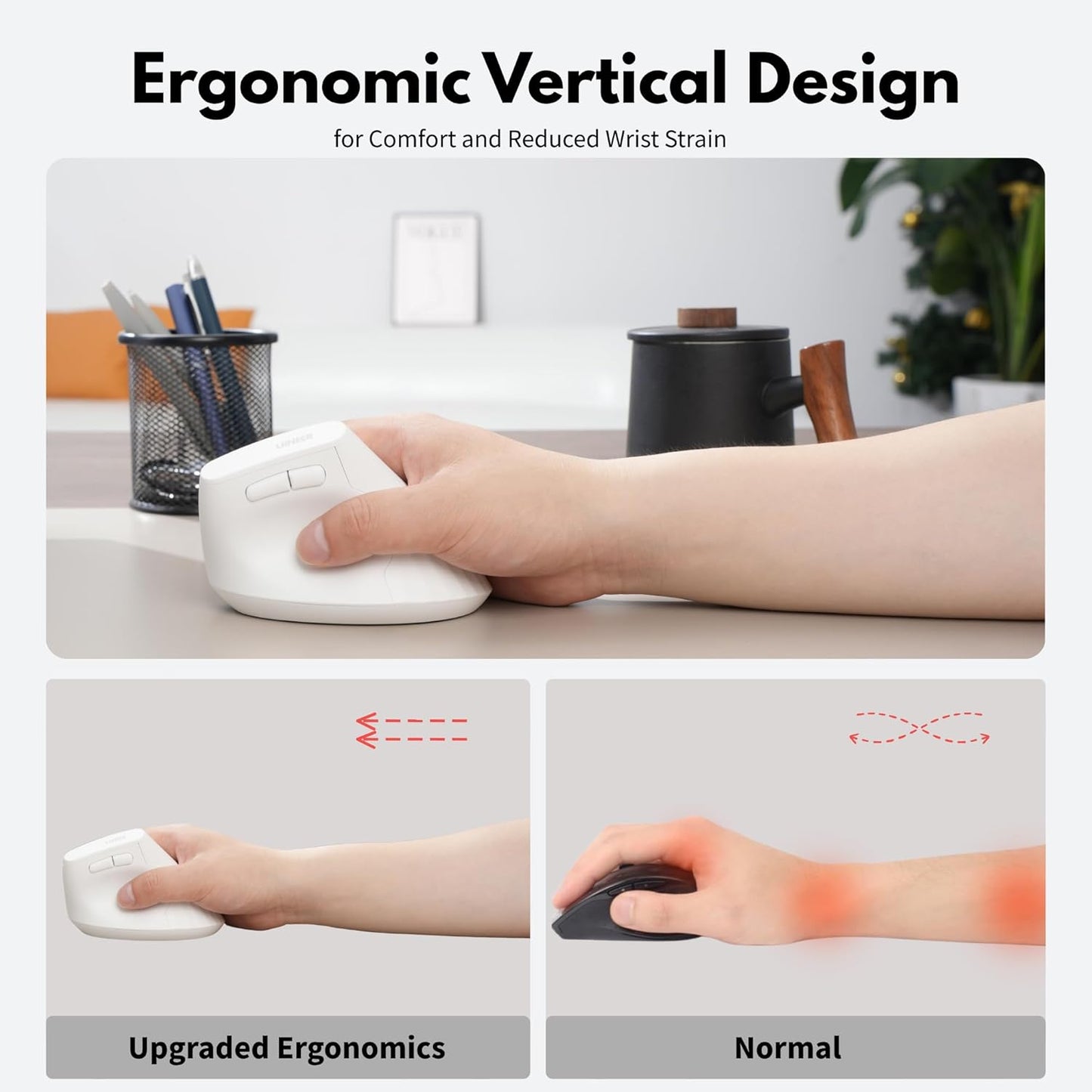 Vertical Mouse Wireless, 2.4G Rechargeable Mouse with Battery Indicator,4 Level DPI,Ergonomic Design for Comfort and Reduced Wrist Strain, Ideal for Home,Office Use (White)