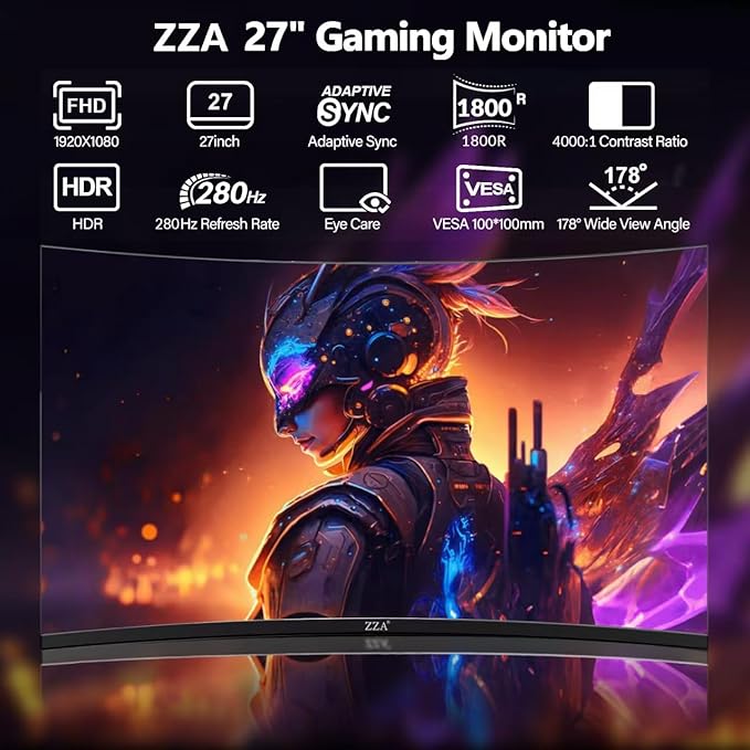 ZZA Monitor 27 inch 280Hz|240Hz,Monitor Gaming FHD 1080P, 1800R VA Screen, Curve Computer Monitor 100% sRGB, 4000:1 Contrast, HDR, FreeSync,1Ms, Low Blue Light, HDMI DP Ports, DP Cable Incl