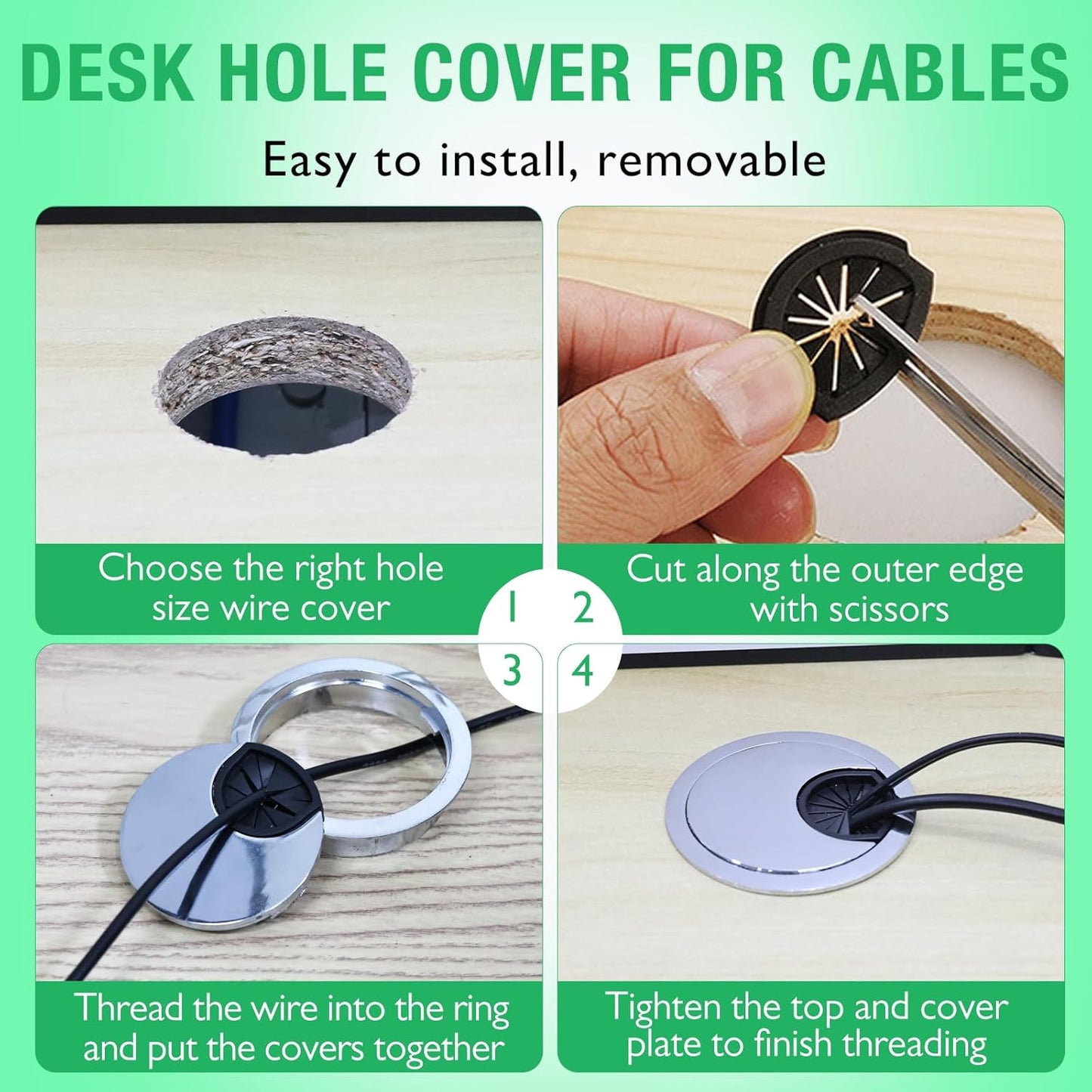 2 Pcs Desk Grommet 2" / 50 mm, Desk Cord Hole Cover, Cable Grommet Metal Zinc Alloy Materilal, Desk Hole Grommet for Home & Office Pc, Detachable Cable Cord Organizer-Matte Silver