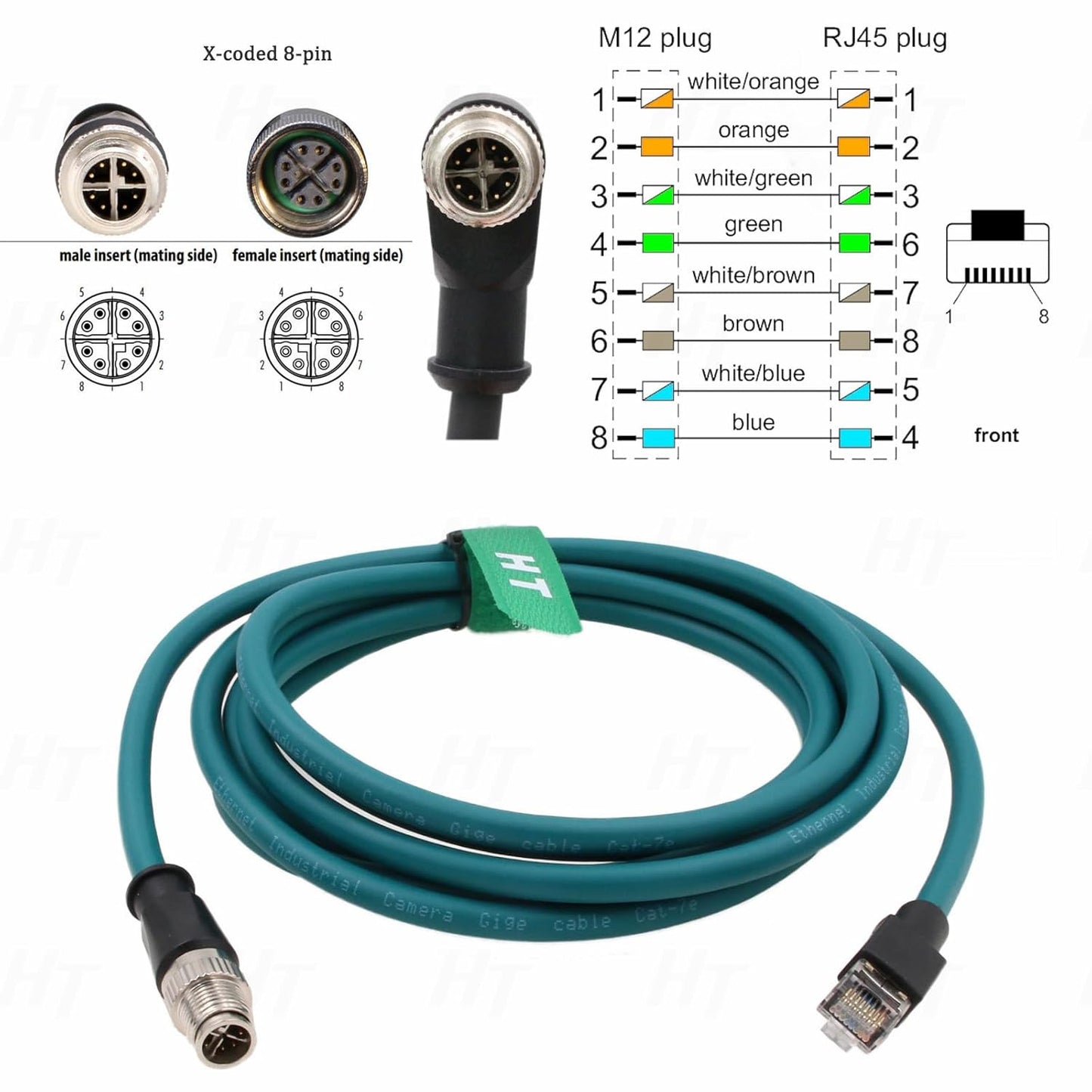 X-Code Ethernet M12 8 Pin RJ45 Network Data Cable for Cognex in Sight DataMan Keyence IV3 SR5000 Sensor Camera Switch Automation Control PLC 25m