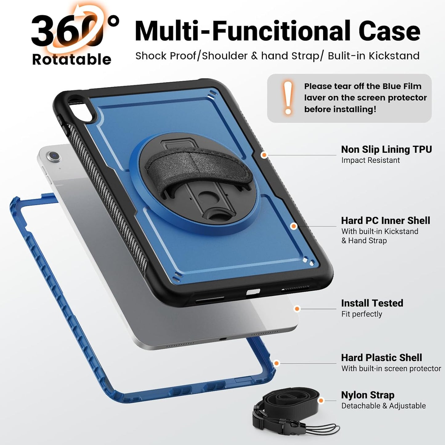 SCSVPN Case for iPad A16 11th Generation 11 Inch 2025/10th Gen 10.9'' 2022, Slim Hard Shockproof Protective Case with Screen Protector, Pencil Holder, Rotating Stand, Hand/Shoulder Strap - Navy Blue