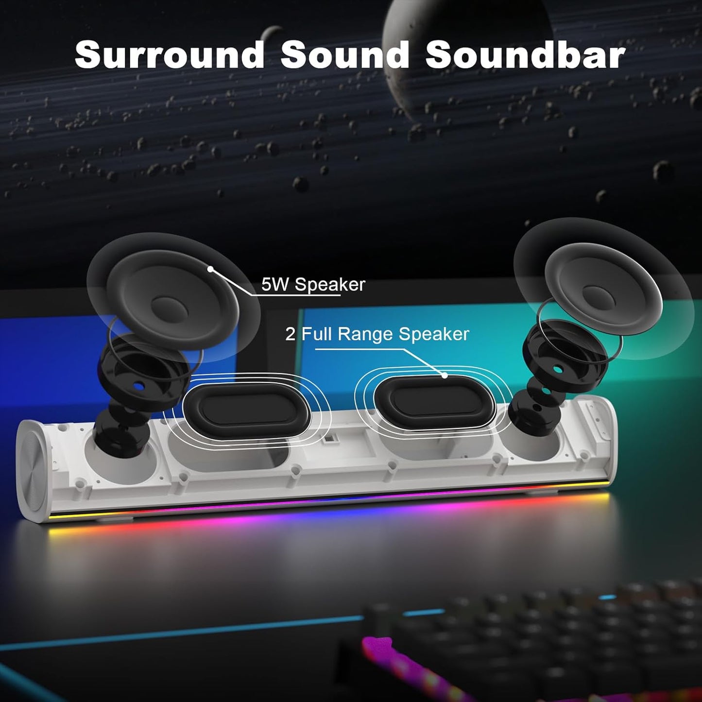SOULION R100 Bluetooth Computer Speakers with Dynamic LED Light, USB Plug & Play PC Speakers with Switch Button, Clearly Sound Soundbar for Desktop Laptop Monitor White (USB-C to USB Adapter Included)