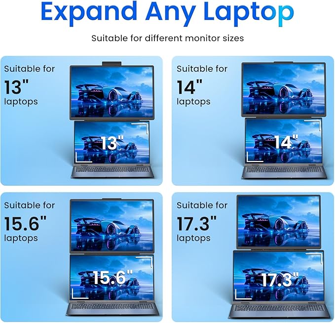 Laptop Screen Extender 16" - 1200P FHD Portable Monitor Travel Monitor for Laptop HDMI USB-C Plug & Play 360° Rotating Detachable Stand Height Adjustable for Travel/Work/Study