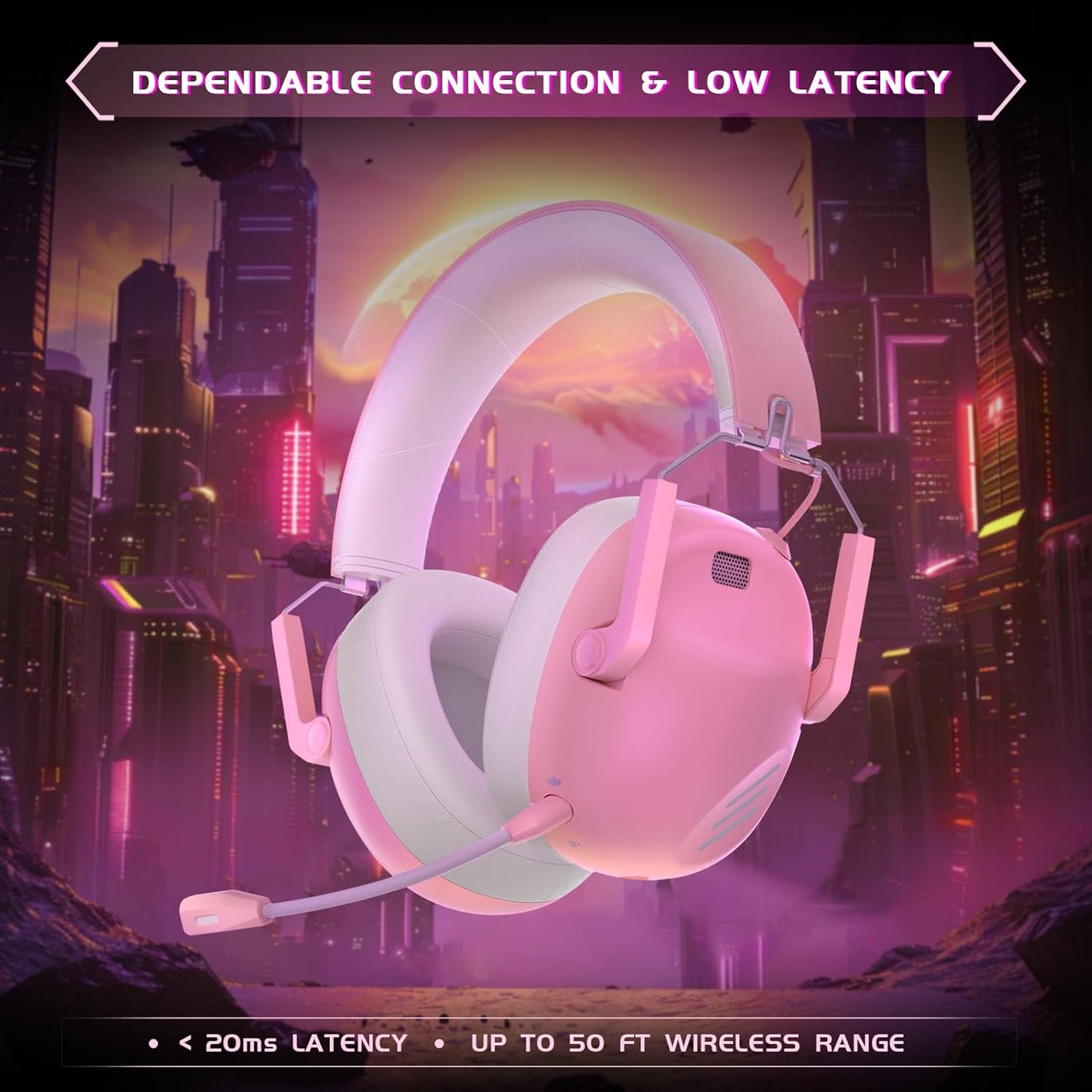 Wireless Gaming Headset for PS5, PS4, PC, NES, Bluetooth 5.3 Gaming Headsets Wireless with Noise Canceling Microphone, Gamer Headphones for Nintendo Switch, 50H Battery - Pink