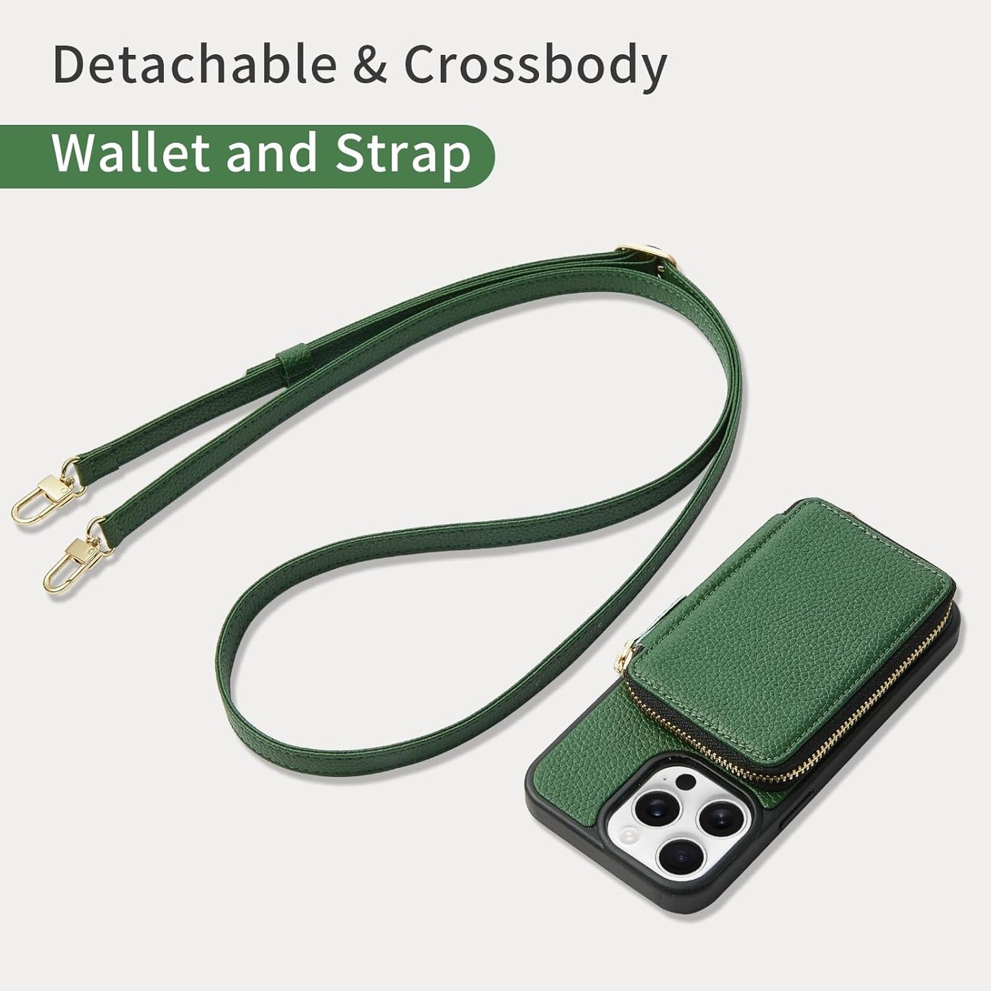 ZVE for iPhone 15 Pro Crossbody Wallet Case, Card Holder Phone Purse for Women, RFID Blocking Zipper Leather Cover with Wrist Strap for iPhone 15 Pro (6.1 inch)- Dark Green