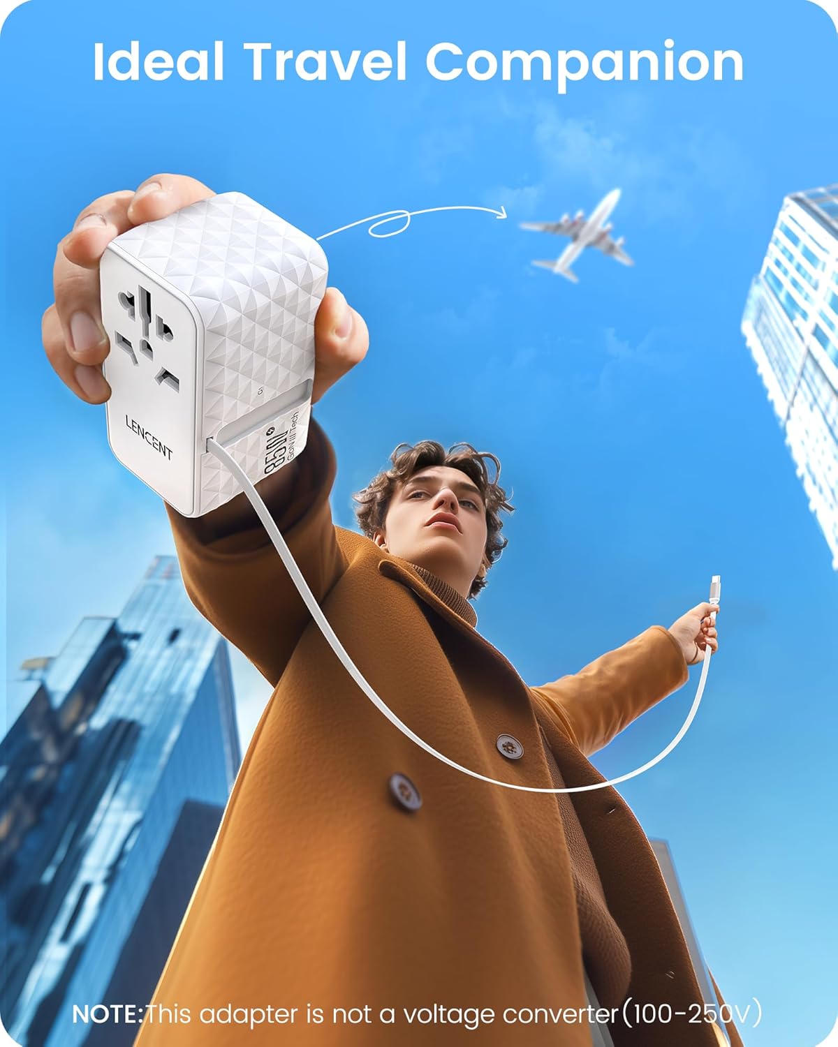 LENCENT 85W Universal Travel Power Adapter with Retractable USB C Cable, GaN International Travel Adapter with 1 USB-A & 3 Type C Fast Charging, Worldwide Plug Adaptor for US to EU UK Type C/G/A/I