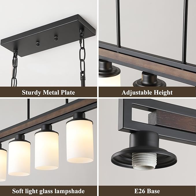 Farmhouse Dining Room Light Fixture, 5-Light Wood Kitchen Island Lighting for Dining Room Over Table, Black Adjustable Pendant Light with Milk Glass Shades, Linear Chandeliers Lighting for Kitchen