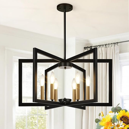 25" Modern Black and Gold No Assembly Required Chandelier for Dining Room, Black and Gold Dining Room Light Fixture Over Table, Industrial Metal Hanging Pendant Light for Kitchen Island, Entryway