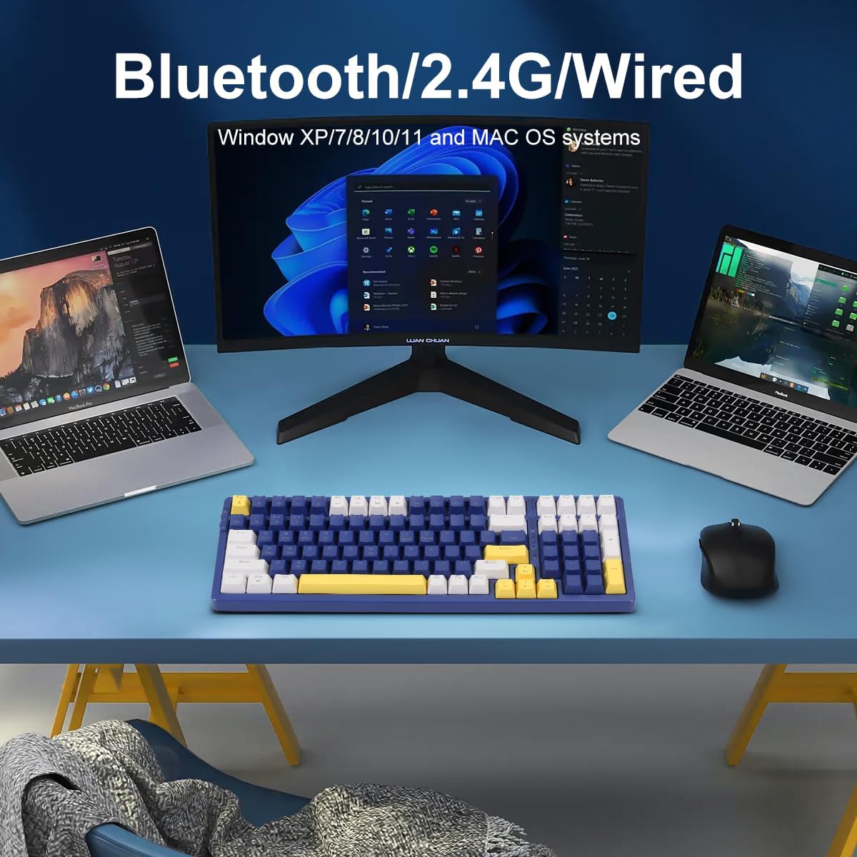 Wireless Mechanical Keyboard, Triple Mode 2.4G/USB-C/BT Gaming Keyboards 100 Keys Ice-Blue Backlit, Brown Switch Keyboard | Rechargeable Mechanical Gaming Keyboards | Blue/White/Yellow