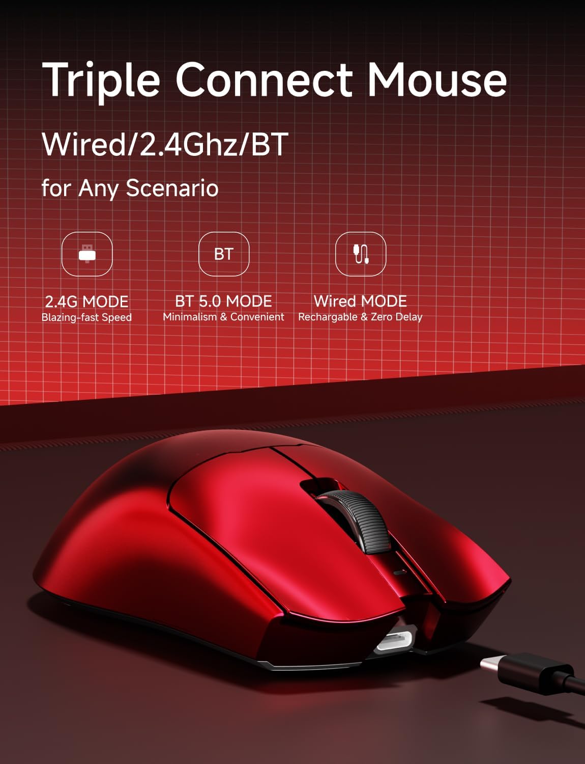 S9 Pro Wireless Gaming Mouse, 59G Ergonomic Computer Mouse, Triple Modes, 8K Polling, 26K DPI, PAW3395 Optical Sensor, Kailh Switch, 250h Battery Life, Programmable for PC/Win/Mac(Red)