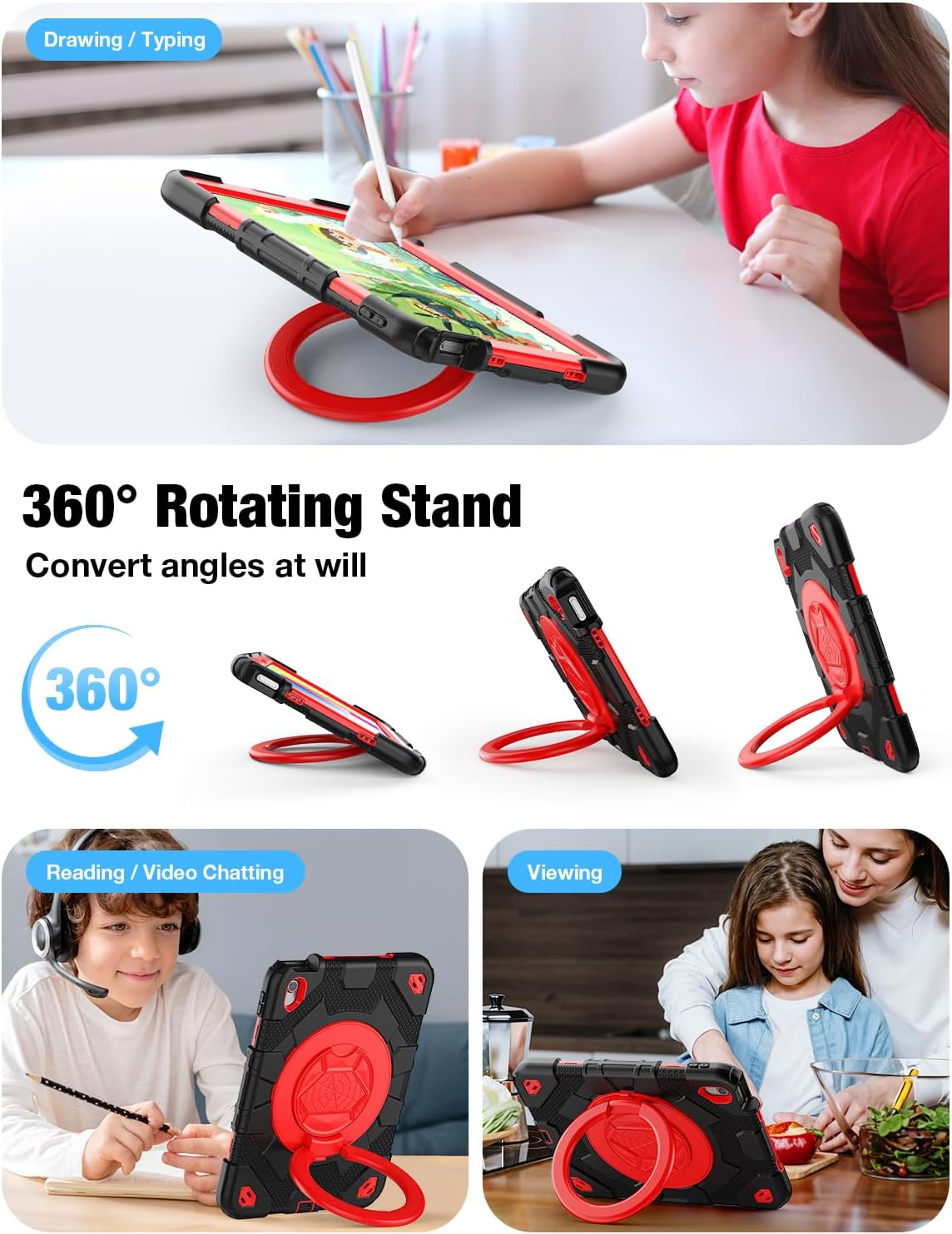 SCSVPN for iPad (A16) 11th/10th Generation Case 11 inch 2025/10.9 inch 2022, Rugged Shockproof Protective Silicone Case for Kids with Pencil Holder, Rotate Stand & Handle, Shoulder Strap - Black/Red