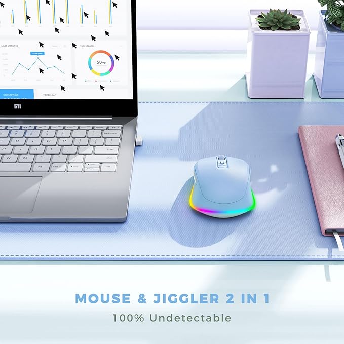 PEIOUS Wireless Mouse Jiggler - LED Wireless Mice with Build-in Mouse Mover, Rechargeable Moving Mouse for Laptop with Undetectable Random Movement Keeps Computers Awake - Light Blue