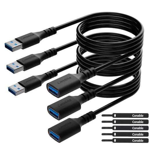 3 Pack USB 3.0 Extension Cable 15 Feet, USB A Male to Female Extender Cord, 5Gbps Data Transfer for Webcam, Printer, Keyboard, Mouse, Flash Drive, Hard Drive, Controller, Black Cable with 5 Cable Ties