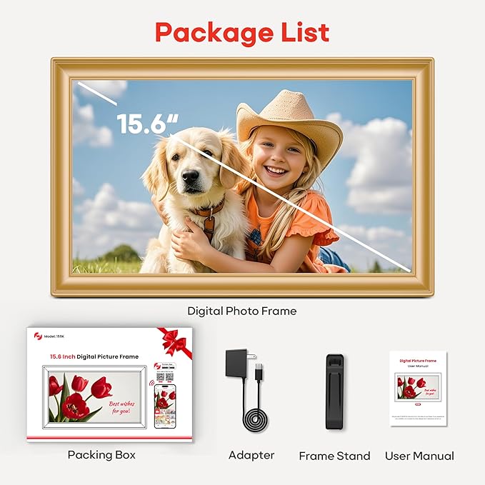 64GB 15.6" Frameo Digital Picture Frame WiFi, Large Electronic Photo Frames Golden 1920 x 1080 IPS FHD Touch Screen, Send Photos from Your Phone from Anywhere, Best Gifts for Family and Friends