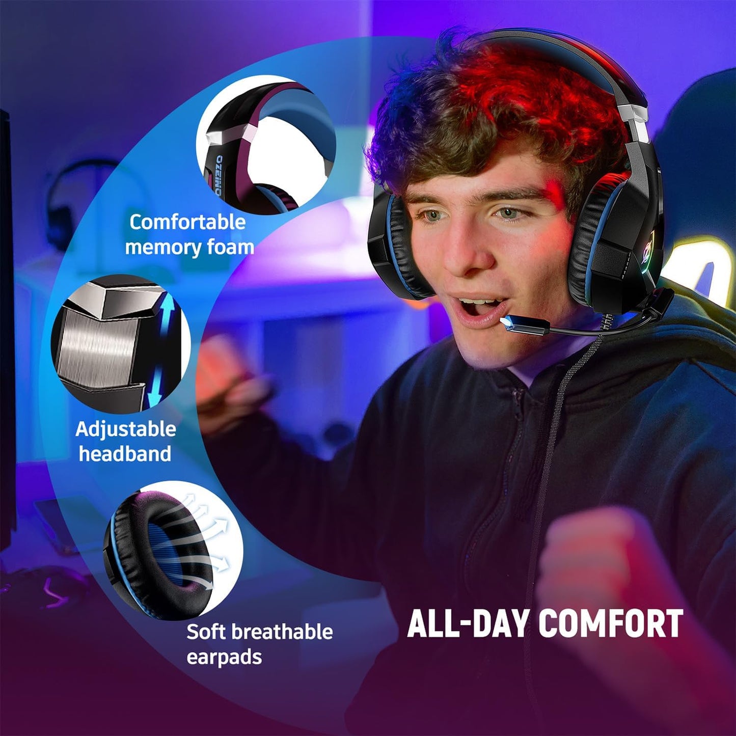 Gaming Headset for PC, Ps4, Ps5, Xbox Headset with 7.1 Surround Sound, Gaming Headphones with Noise Cancelling Mic RGB Light Over Ear Headphones for Xbox Series X/S, Switch-Blue