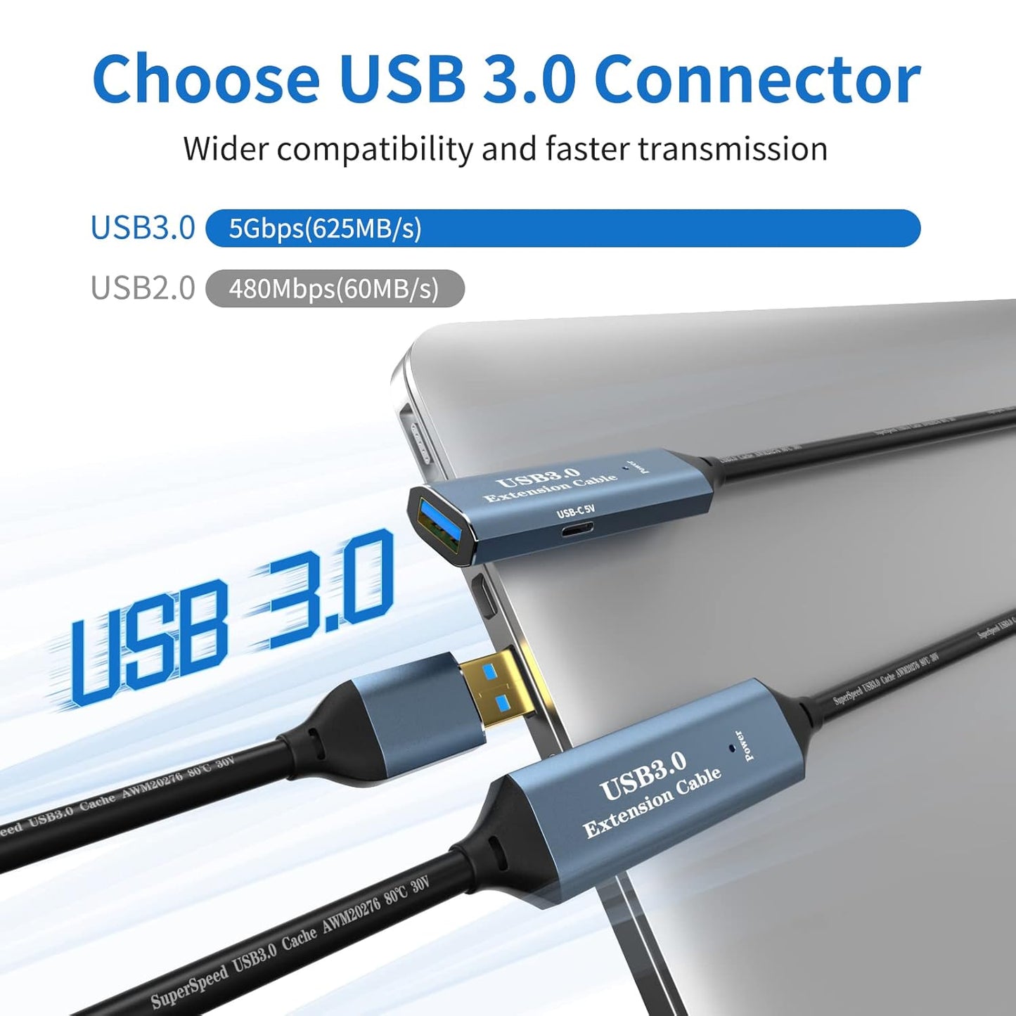 USB 3.0 Extension Cable 33FT Type A Male to Female Active Extender Cord with 2 Extension Chipsets Signal Booster and 1 USB-C Charging Port, for Webcam, USB Hub, PlayStation, Printer, Camera
