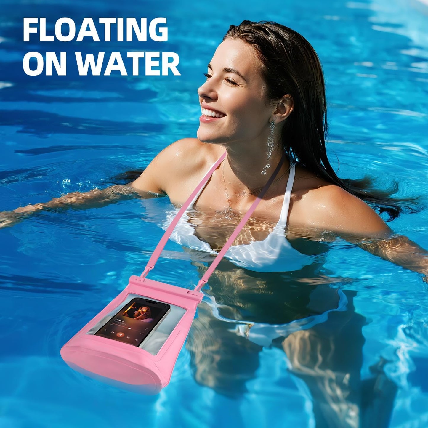 2L Floating Waterproof Phone Pouch for Up to 7.5", Large Space Adjustable Neck Lanyard Waterproof Bag. Dry Bag for Family Vacations, Beach, Pools, Kayaking, Cruises (Pink)