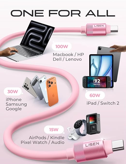 LISEN for iPhone Air 17 Charger Cord USB Cable 10FT, Chubby 100W Soft Silicone USB C to USB C Fast Charging Cable, Long USBC to USBC for iPhone 17 16 15, Samsung S25, MacBook Pro/Air, iPad, Pink