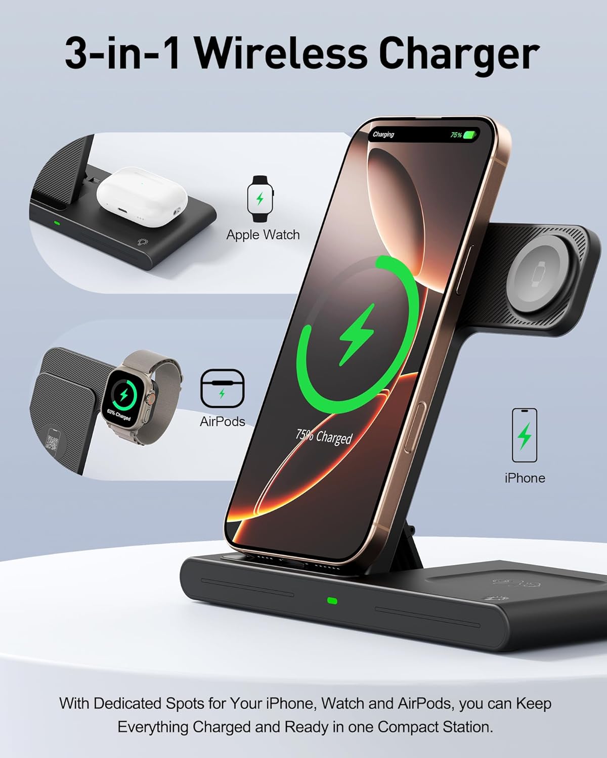 2025 Traveling Portable Wireless Fast Charger for Apple & Android Charging Station, 3 in 1 Charging for iPhone 16 15 14 13 12, Apple Watch Series & Air pods 4 3 2 Pro, Samsung Galaxy-Gifts for Family