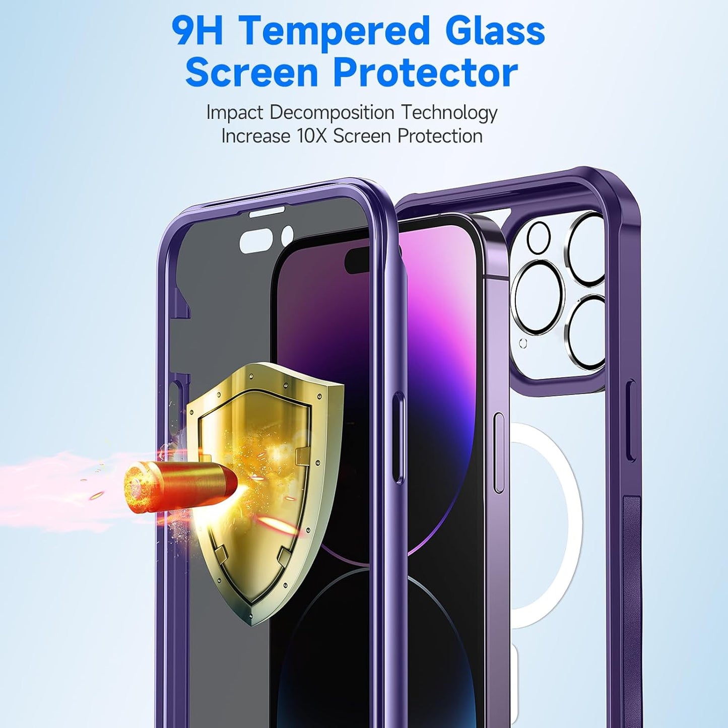 seacosmo for iPhone 14 Pro Max Case, Full Body Bumper with Built-in 9H Tempered Glass Privacy Screen Protector and Camera Lens Protector, Compatible with MagSafe, Shockproof Phone Cover, 6.7", Purple