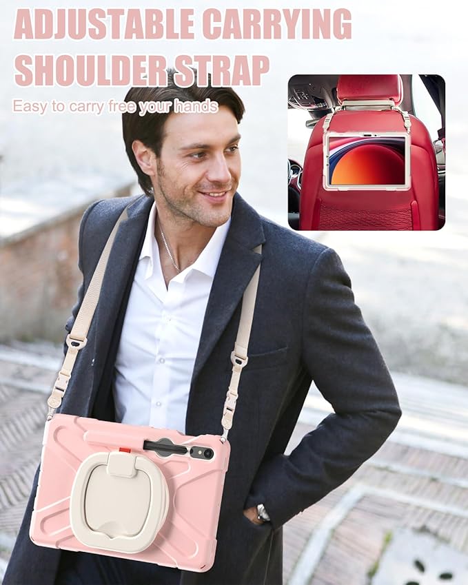 BRAECN Case for Samsung Galaxy Tab S10 Lite/S10 FE 2025 & S9 FE/S9 2023 & S8/S7 10.9"/11" | Heavy Duty Silicone Cover with Handle Grip, Kickstand, Shoulder Strap & S Pen Holder, Sakura Pink