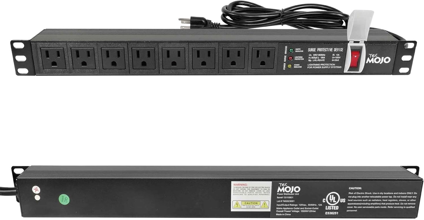 Tecmojo 1U Rack-Mount Horizontal 8-Outlet Power Strip UL Listed PDU with Surge Protection LED Indicators 6ft Cord Power Distribution for IT and Network Server Racks