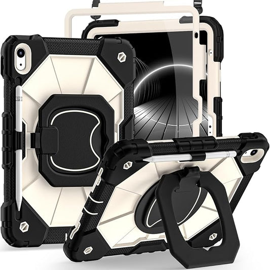 Case for iPad (A16) 11th Generation 11 Inch (2025) iPad 10th Generation 10.9 Inch (2022),Shockproof i Pad Case 11.0/10.9 Inch with 360° Rotatable Folding Handle Stand,Black Beige